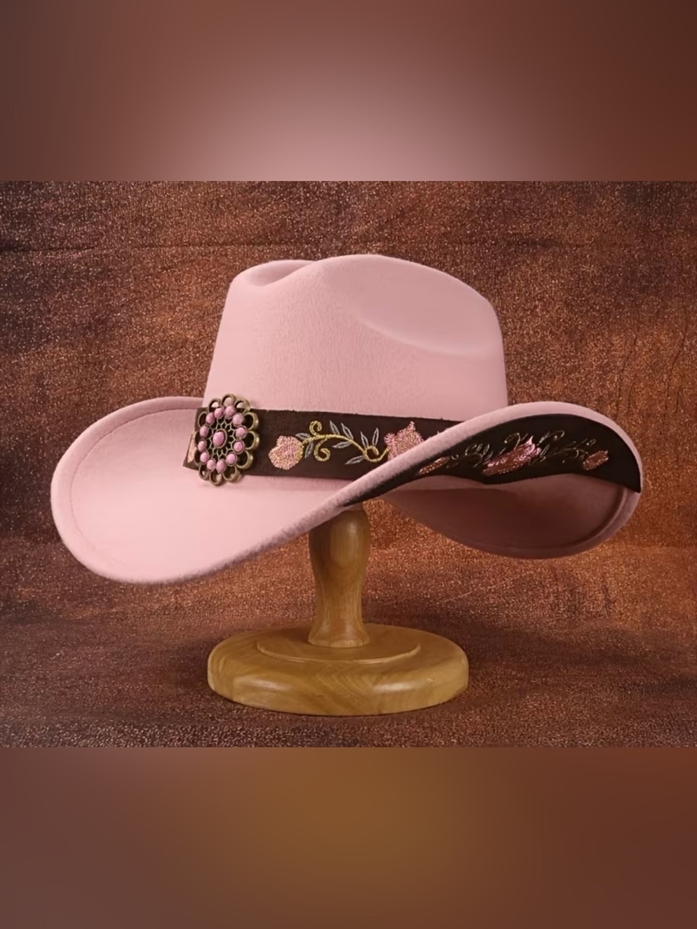 Women's Pink Western Felt Cowboy Hat with Embroidered Band